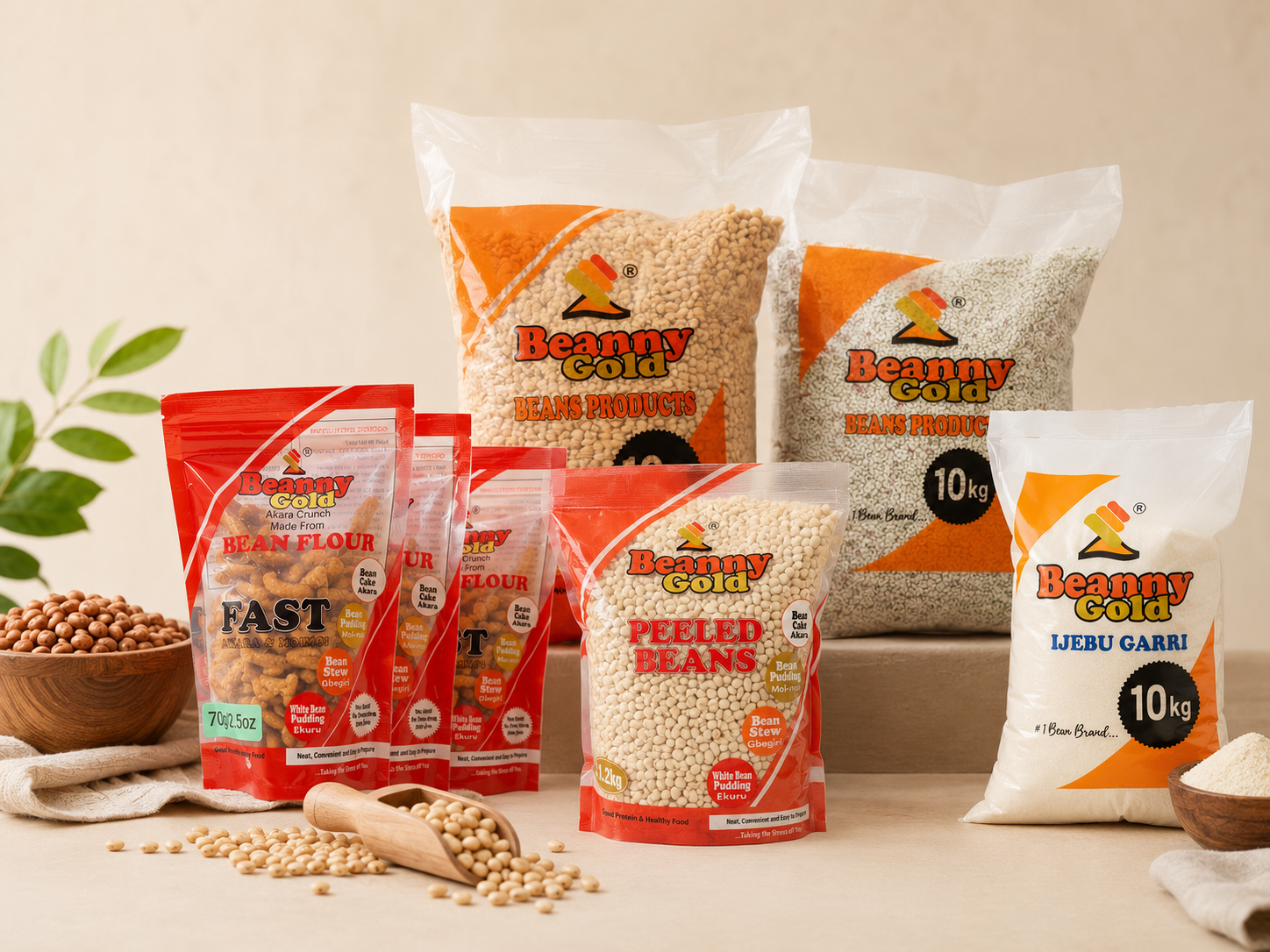 BeannyGold packaged bean products including bean flour, peeled beans and Ijebu garri